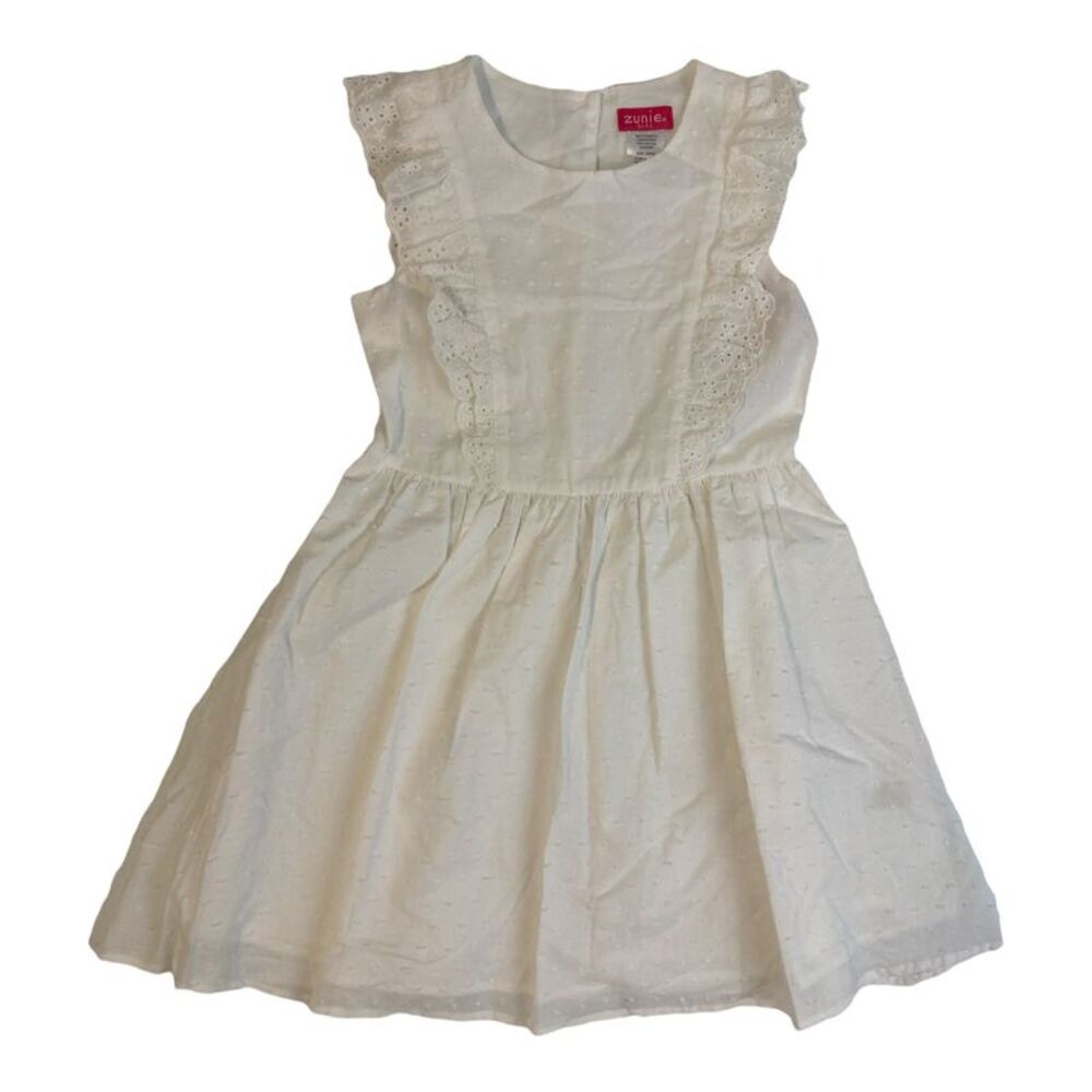 Zunie Girl Girl's Ruffled Sleeve Textured Clip Dot Woven White Sundress - White
